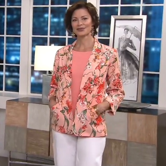 Susan Graver Printed Blazer with Ruched Sleeves Peach Floral SZ 12 - Picture 15 of 16